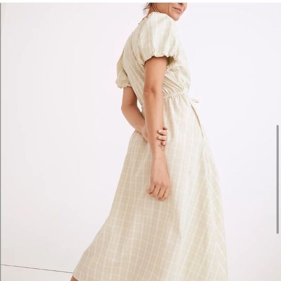 Madewell 100% Cotton Sage Green Plaid Cottage Core Puff Sleeve A-Line Dress XS - Picture 3 of 12
